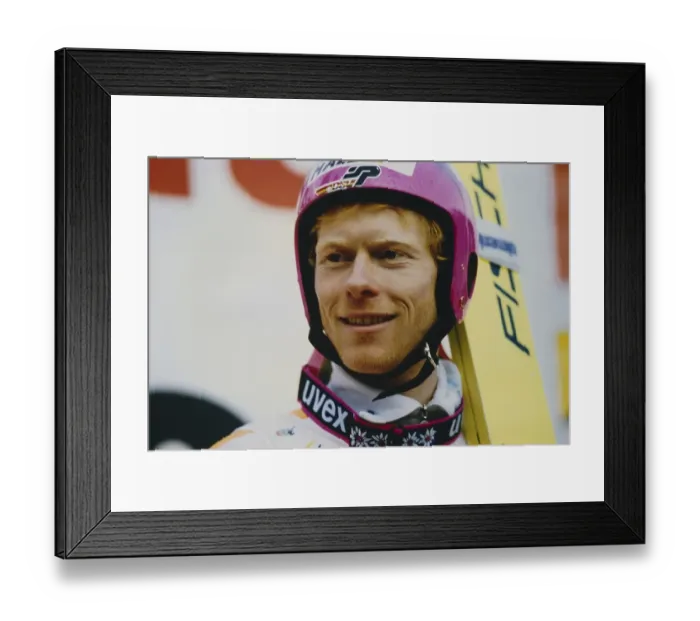 Framed Print : World Cup, Ski jumping, portrait of ski jumper Dieter Thoma (DEU) at a ski jumping competition in Willingen with pink helmet, 1996, Germany, Europe