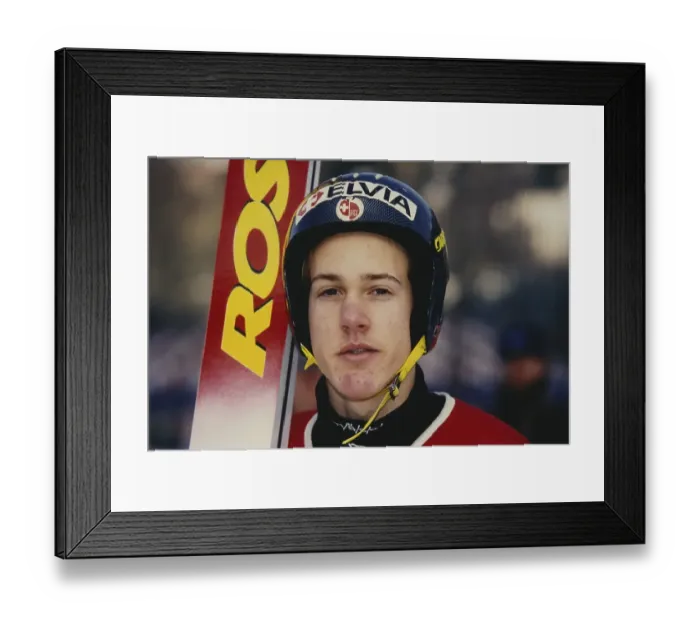 Framed Print : World Cup, Ski jumping, portrait of ski jumper Andreas Kuettel (CH) at a ski jumping competition in 1997, Germany, Europe