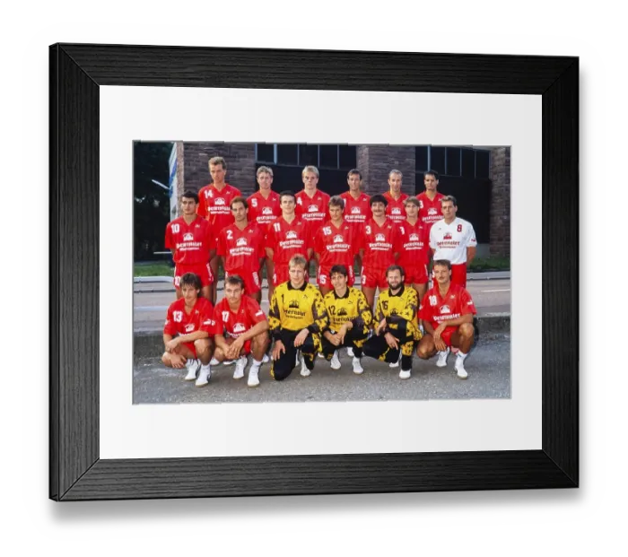 Framed Print : Handball Bundesliga, TuS Schuttwerwald team on 23 August 1989, Germany top row from left: Manfred Derr, Roger Kjendalen, 4, RuedigerRueber, ?, Rudi Fritsch