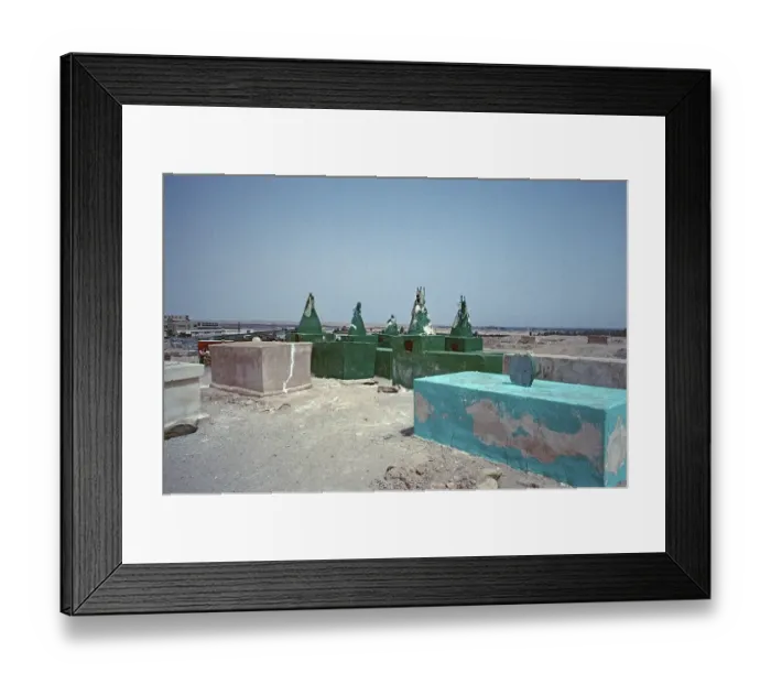 Framed Print : Cemetery of notables, Mecca pilgrims lie in blue and green graves, Deir ez-Zor, Syria, May 1987, vintage, retro, old, historical, Asia