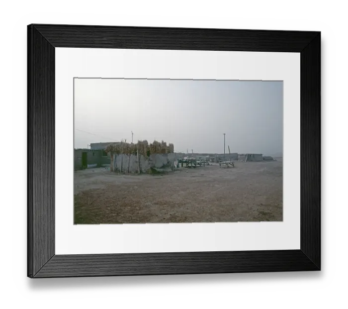 Framed Print : Sheikh's estate near Dura Europos, in the background wooden frames for sleeping, Euphrates Valley, Syria, May 1987, vintage, retro, old, historical, Asia