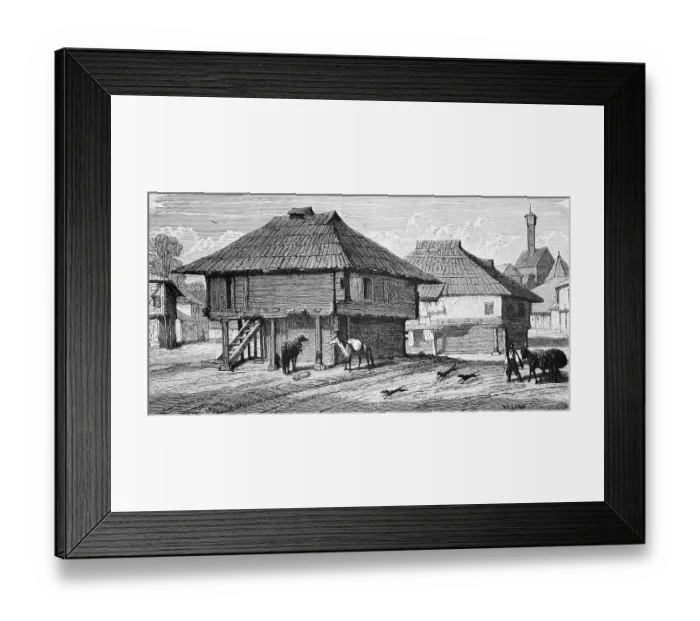 Framed Print : Wooden houses in Bosnian town, a ladder to the dwelling, dogs, horses, packhorse, sandy road, town, geography, Bosnia and Herzegovina, historical illustration 1888, Europe