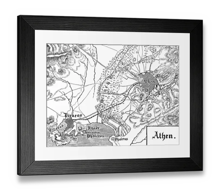 Framed Print : Topographical map of Athens with surroundings and the harbour town of Piraeus on the Saronic Gulf, railway, roads, heights with hatching, geography, Greece, historical illustration 1888, Europe