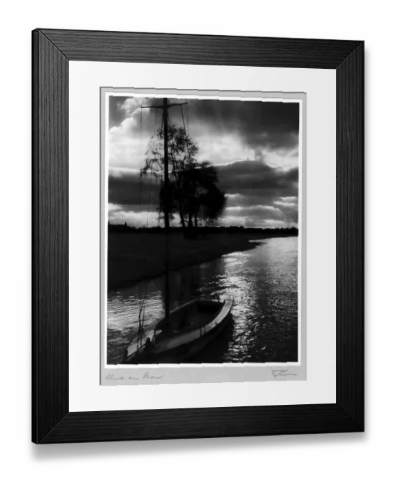 Framed Print : Sailing boat on the banks of the Elbe, Dresden in front of the destruction, photo cycle STADT AM STROM, DRITTE FOLGE, by Friedrich Luening (1901-1952), title of the photographer: Abend am Strom, Saxony, Germany, Europe