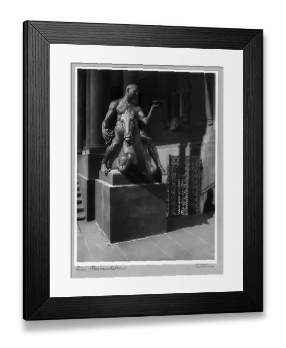 Framed Print : Sculpture BACHUS AUF DEM BETRUNKENEN ESEL by sculptor Georg Wrba (1872-1939) in front of the Ratskeller, Dresden in front of the destruction, photo cycle STADT AM STROM, DRITTE FOLGE, by Friedrich Luening (1901-1952)