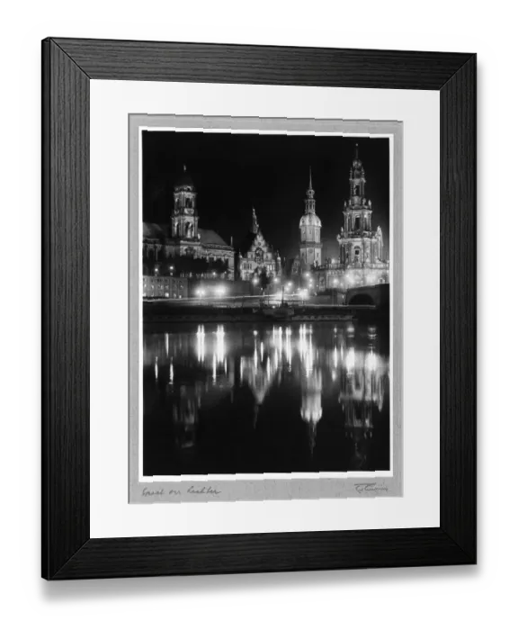 Framed Print : View of historic Dresden at night from the Neustaedte Ufer, Residenzschloss, Katholische Hofkirche, Dresden before the destruction, photo cycle STADT AM STROM, DRITTE FOLGE, by Friedrich Luening (1901-1952)