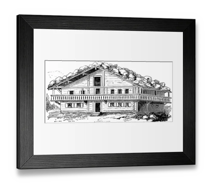 Framed Print : Swiss wooden house with rocks on the roof, balcony around the building, window shutters, building material wood, regional architecture, house type, mountain landscape, journey, Switzerland, historical illustration 1885, Europe