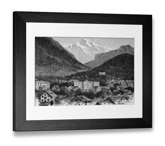 Framed Print : Town view of Interlaken with view of the snow-covered Jungfrau mountain peak (4158m), travel, Alps, holiday resort, tourism, winter sports, Bernese Oberland, Switzerland, historical illustration 1885, Europe