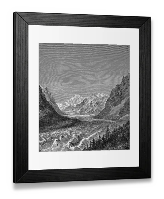 Framed Print : Mountain landscape with the glacier Mer de Glace, sea of ice, in the Mont Blanc region of the French Alps, climate, climate change, global temperature rise, travel, France, historical illustration 1885, Europe