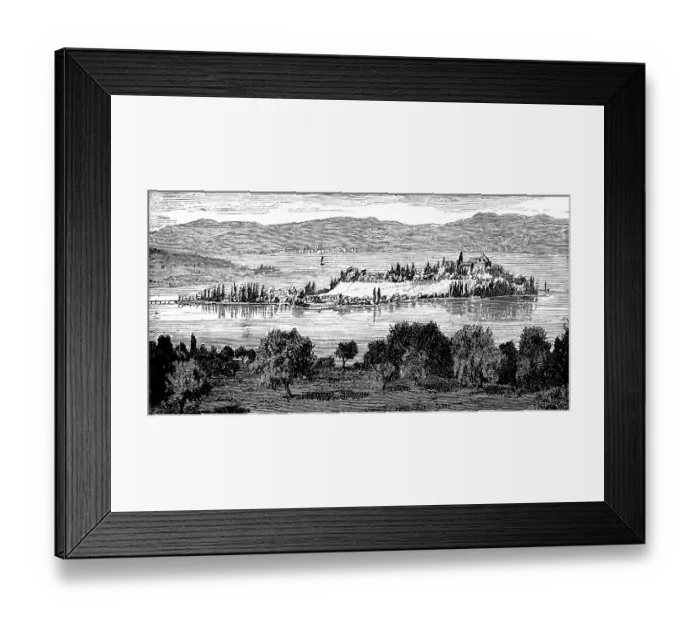 Framed Print : Mainau Island with park and gardens in Lake Constance, bridge to the mainland, castle, Count Bernadotte, border region, view of the Alps, travel, Baden-Wuerttemberg, Germany, historical illustration 1885, Europe Framed Print : Mainau Island with park and gardens in Lake Constance, bridge to the mainland, castle, Count Bernadotte, border region, view of the Alps, travel, Baden-Wuerttemberg, Germany, historical illustration 1885, Europe