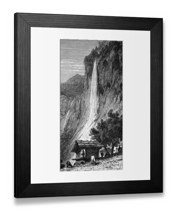 Framed Print : The Staubbach Falls near Lauterbrunnen in the Swiss Alps, wooden hut, steep slope, grazing cattle, rocky cliff, journey, Switzerland, historical illustration 1885, Europe Framed Print : The Staubbach Falls near Lauterbrunnen in the Swiss Alps, wooden hut, steep slope, grazing cattle, rocky cliff, journey, Switzerland, historical illustration 1885, Europe
