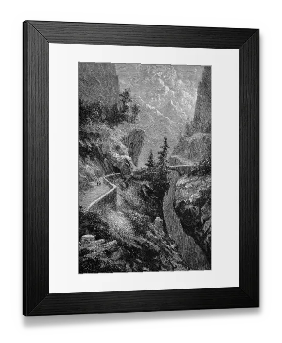 Framed Print : Historical and dangerous Viamala or Via Mala gorge on the Hinterrhein, alpine mountains, fir trees, stone bridge, narrow road, danger of accident, journey, depth, fall, geology, canton of Graubuenden, Switzerland, historical illustration 1885