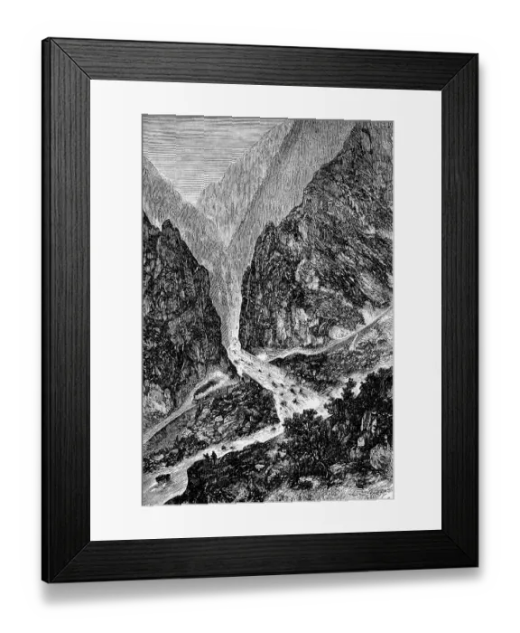 Framed Print : Railway subway under a tributary of the Fiume Tagliamento, part of the Tauern railway, mountain stream, alpine landscape, valley, erosion, journey, Veneto, Italy, historical illustration 1885, Europe