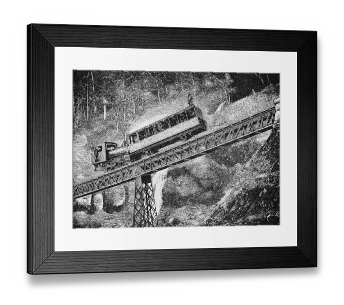 Framed Print : With the Rigi Railways to the alpine Rigi Kulm summit (1797m) Alps, a locomotive pushes the passenger wagon, cog railway, extreme gradient, tourism, technical construction, travel, Switzerland, historical illustration 1885, Europe