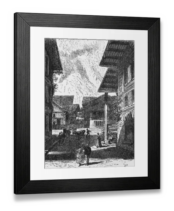 Framed Print : Village view with wooden houses in the Bernese Oberland, unpaved road with cattle, everyday life, people wearing traditional traditional costume, travelling, Switzerland, historical illustration 1885, Europe