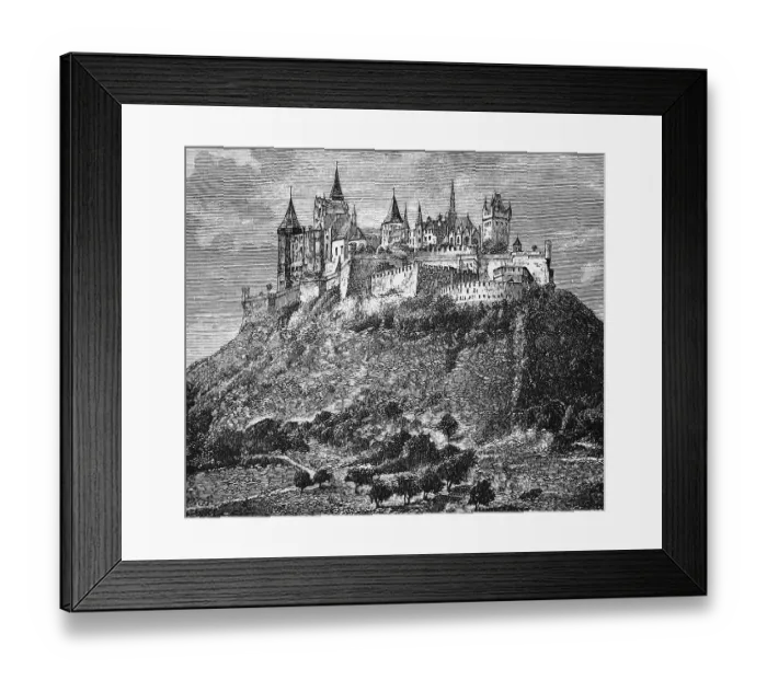 Framed Print : Hohenzollern Castle in Bisingen, ancestral seat of the House of Hohenzollern, high nobility, castle wall, many towers, protective position on a mountain, architecture, travel, Baden-Wuerttemberg, Germany, historical illustration 1885, Europe