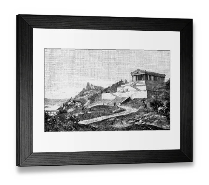 Framed Print : Temple of honour and memorial for German celebrities, Walhalla in Donaustauf, classicist architectural style, Bavaria King Ludwig I, mountain, stairs, architecture, travel, Germany, historical illustration 1885, Europe