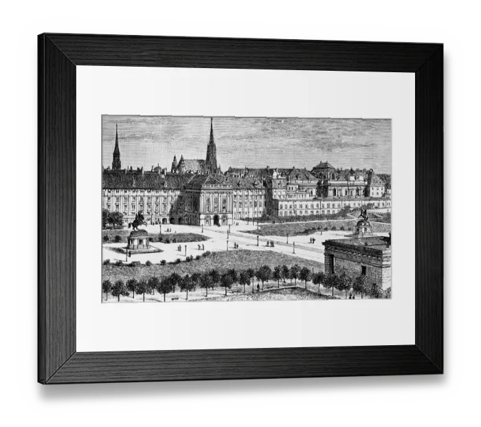 Framed Print : Imperial Palace with Burggarten in the capital Vienna, today the seat of the Federal President and home to several museums, statues in the gardens, visitors, trees, paths, St Stephen's Cathedral, travel, Austria, historical illustration 1885