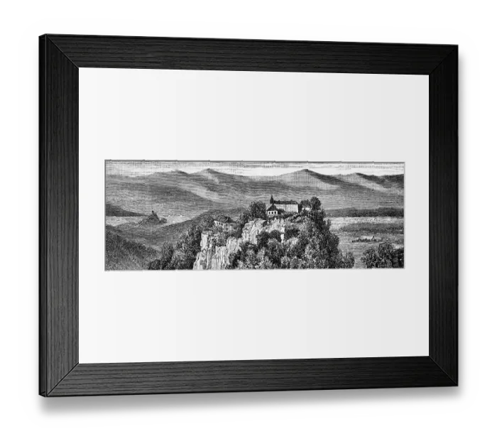 Framed Print : Mont Sainte-Odile Alsace, Odilienberg in the eastern Vosges, Odilla is the patron saint of Alsace, coloured sandstone mountain landscape, geology, travel, France, historical illustration 1885, Europe Framed Print : Mont Sainte-Odile Alsace, Odilienberg in the eastern Vosges, Odilla is the patron saint of Alsace, coloured sandstone mountain landscape, geology, travel, France, historical illustration 1885, Europe