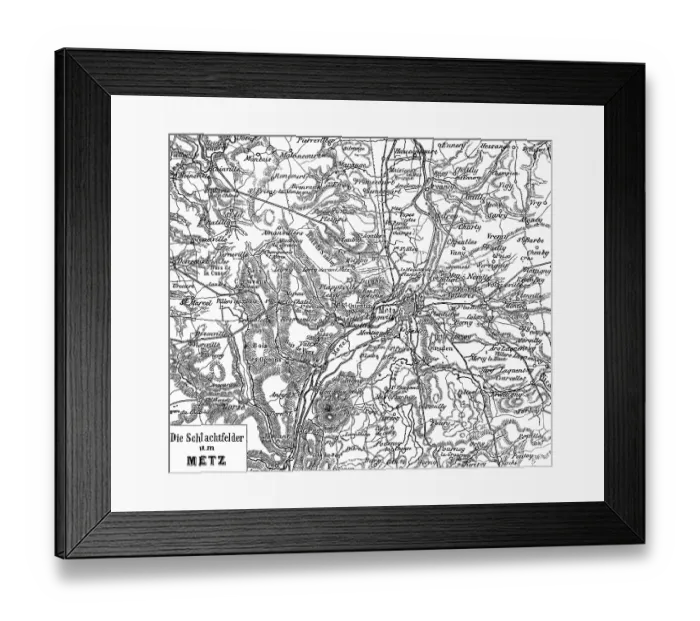 Framed Print : Topographical map of the battlefields around Metz on the Moselle, historical battles of Gravelotte and Saint-Privat-la-Montagne, Sedan, at Amanvillers, siege of Metz, Lorraine, war, conflict, France, historical illustration 1885, Europe