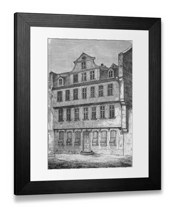 Framed Print : Goethe House in Frankfurt am Main, Grosser Hirschgraben, birthplace, journey, Hesse, Germany, historical illustration 1885, Europe Framed Print : Goethe House in Frankfurt am Main, Grosser Hirschgraben, birthplace, journey, Hesse, Germany, historical illustration 1885, Europe