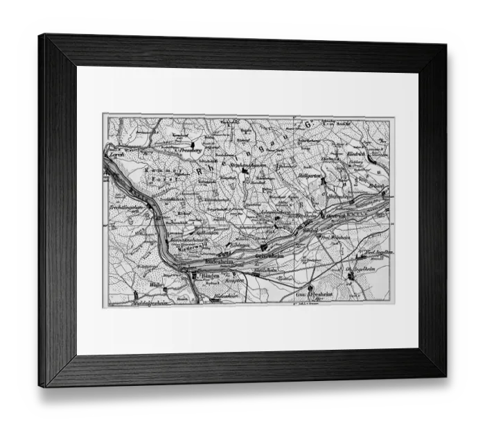 Framed Print : Topographic map of the Rheingau, viticulture, wine villages Ruedesheim, Oestrich, roads and railway lines, travel, Hesse and Rhineland-Palatinate, Germany, historical illustration 1885, Europe