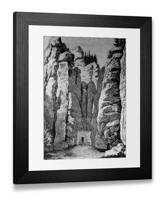 Framed Print : Rocky landscape AdrTpaTsko-Teplicke skaly or Adersbach-Weckelsdorfer Felsen, sandstone rocks from the Cretaceous period, travelling in the nature reserve in the Braunauer Bergland, Czech Republic, historical illustration 1885, Europe
