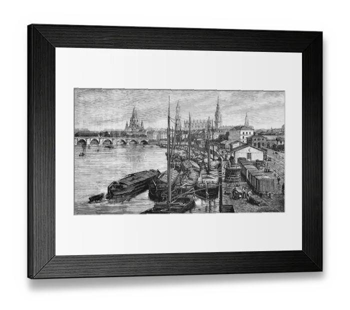 Framed Print : City view of the Saxon capital Dresden on the Elbe, harbour with barges, railway with freight traffic, workers, dome of the Church of Our Lady, Elbe bridge, travel, Saxony, Germany, historical illustration 1885, Europe