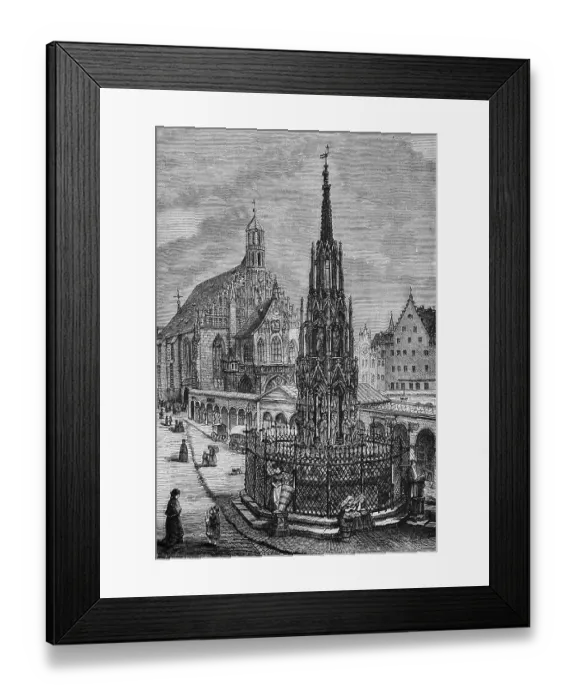 Framed Print : Market square with Schoener Brunnen and Gothic Church of Our Lady, Roman Catholic parish church of Our Lady, in Nuremberg, Middle Franconia, Bavaria, travel, Germany, historical illustration 1885, Europe