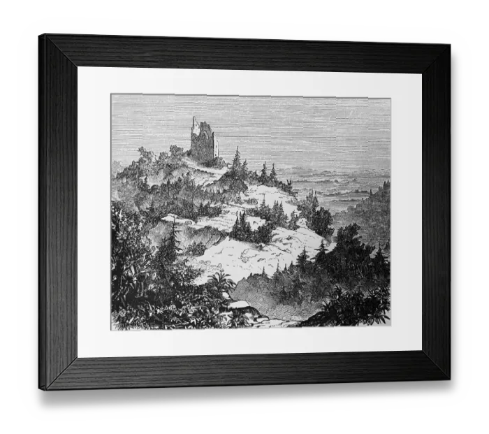 Framed Print : Ruins of the Kyffhausen Imperial Castle in the Kyffhaeuser nature park Park, low mountain range, fir trees, travel, Thuringia, Germany, historical illustration 1885, Europe