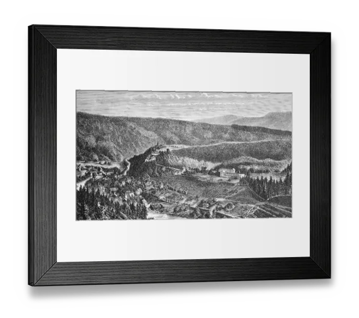 Framed Print : Town view of Schwarzburg on the Schwarza with the castle on the hill, Thuringia, travel, Germany, historical illustration 1885, Europe