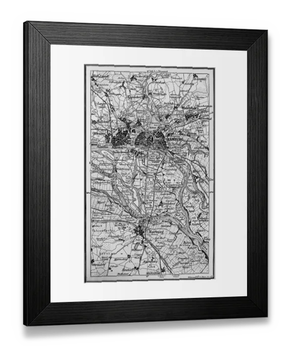Framed Print : Topographic map of Hamburg and surroundings, Elbe marshes, various courses of the Elbe, Norderelbe, Suederelbe, Koehlbrand, Elbe island Wilhelmsburg, Alster, Altona, Harburg, map, roads, railway lines, travel, Germany, historical illustration 1885