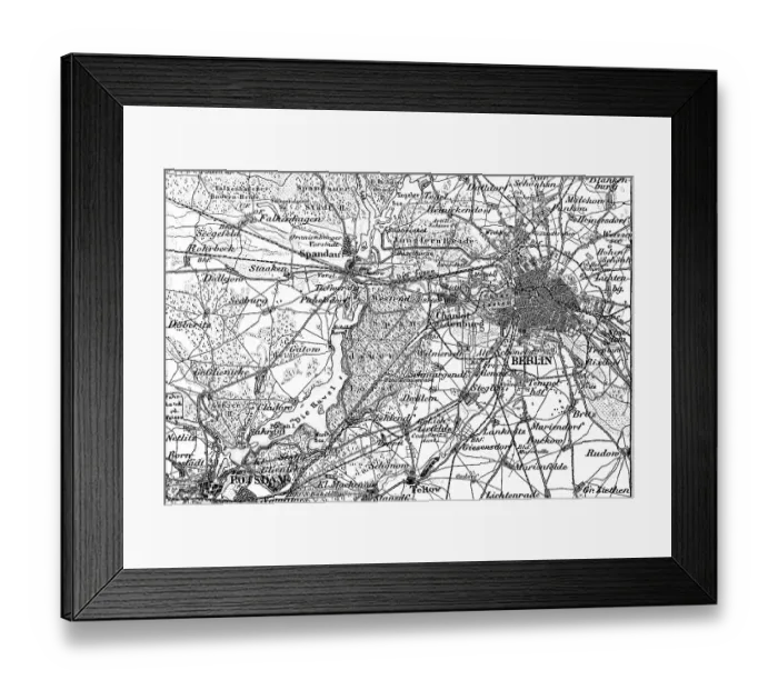 Framed Print : Topographic map of the capital Berlin and surroundings, Potsdam, Havel, Spandauer Forst, Jungfern Heide, Spandau, Tiergarten, Tempelhof, Charlottenburg, roads and railway lines, travel, Germany, historical illustration 1885, Europe Framed Print : Topographic map of the capital Berlin and surroundings, Potsdam, Havel, Spandauer Forst, Jungfern Heide, Spandau, Tiergarten, Tempelhof, Charlottenburg, roads and railway lines, travel, Germany, historical illustration 1885, Europe