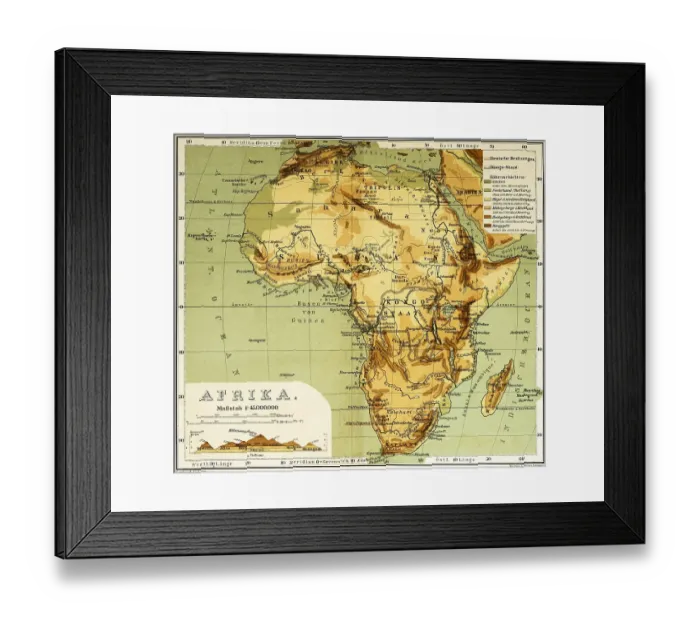 Framed Print : Topographical map of Africa in the 19th century with longitude and latitude, elevation profile east west through the continent, mountains, deserts, rivers, Nubia, Sudan, Congo, Cape Verde Islands, travelling, historical illustration 1886, Africa Framed Print : Topographical map of Africa in the 19th century with longitude and latitude, elevation profile east west through the continent, mountains, deserts, rivers, Nubia, Sudan, Congo, Cape Verde Islands, travelling, historical illustration 1886, Africa