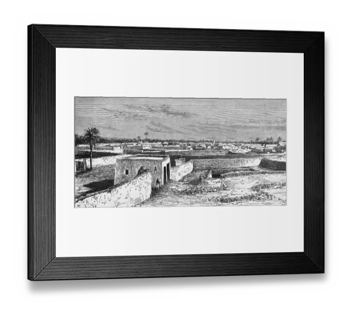 Framed Print : Date Oasis Ouargla in the Algerian Sahara, clay buildings, date palms, clay walls, building material clay, travelling, Algeria, historical illustration 1886, Africa Framed Print : Date Oasis Ouargla in the Algerian Sahara, clay buildings, date palms, clay walls, building material clay, travelling, Algeria, historical illustration 1886, Africa