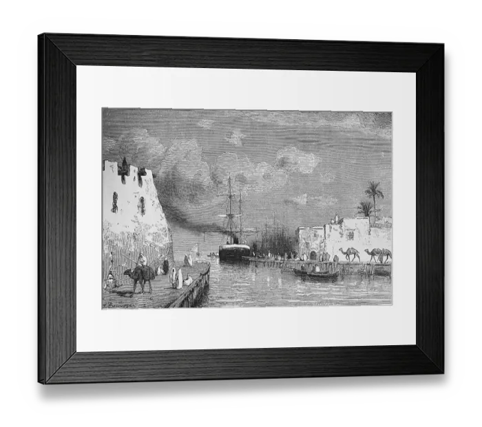 Framed Print : Harbour facilities of the town of La Goulette or La Goletta on the Mediterranean near Tunis, pier with steamship under sail, sailing ships, camels, horsemen, adobe buildings, Arabs, travel, Tunisia, historical illustration 1886, Africa