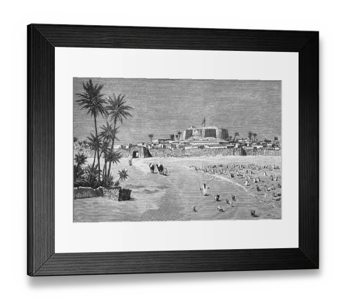 Framed Print : Town view of the fortified desert town of Munizip Murzuq or Murzuq with Muslim cemetery, Sahara desert, city wall with city gate, castle, palm trees, travelling, Libya, historical illustration 1886, Africa