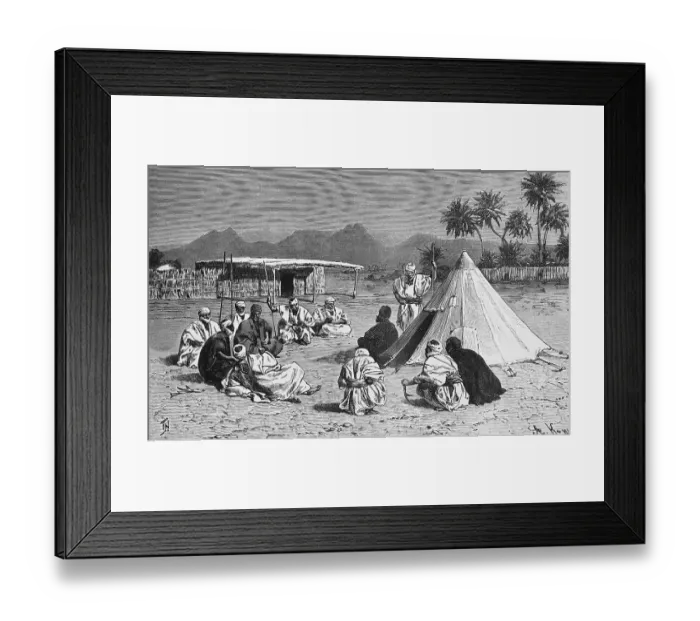 Framed Print : Consultation of the Tubu, a Central Saharan people, in the Sahara oasis of Bardai or Bardai, Tibesti province, tent, men sitting in a circle, date plams, mountains, wooden hut, travelling, Chad, historical illustration 1886, Africa Framed Print : Consultation of the Tubu, a Central Saharan people, in the Sahara oasis of Bardai or Bardai, Tibesti province, tent, men sitting in a circle, date plams, mountains, wooden hut, travelling, Chad, historical illustration 1886, Africa