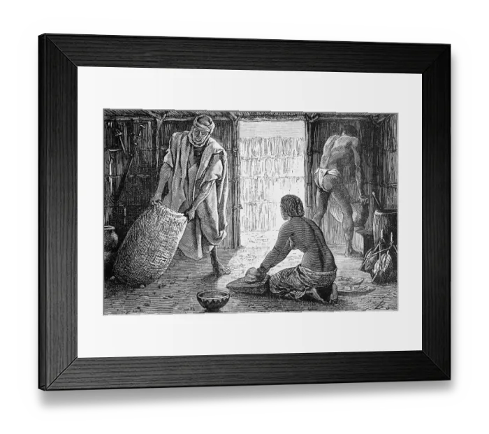 Framed Print : Interior of a hut in the Sahara oasis of Bardai or Bardai, woman kneeling on the ground and kneading dough, man lifting a filled sack, servant with loincloth stowing a sack, sword on the wall, bowl, travelling, Chad, historical illustration 1886 Framed Print : Interior of a hut in the Sahara oasis of Bardai or Bardai, woman kneeling on the ground and kneading dough, man lifting a filled sack, servant with loincloth stowing a sack, sword on the wall, bowl, travelling, Chad, historical illustration 1886