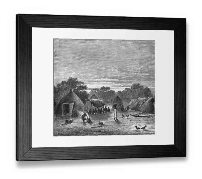 Framed Print : Village view with huts in the tropics, locals sitting in the shade, woman carrying a bowl on her head, free-range chickens, travelling, Togo, historical illustration 1886, Africa