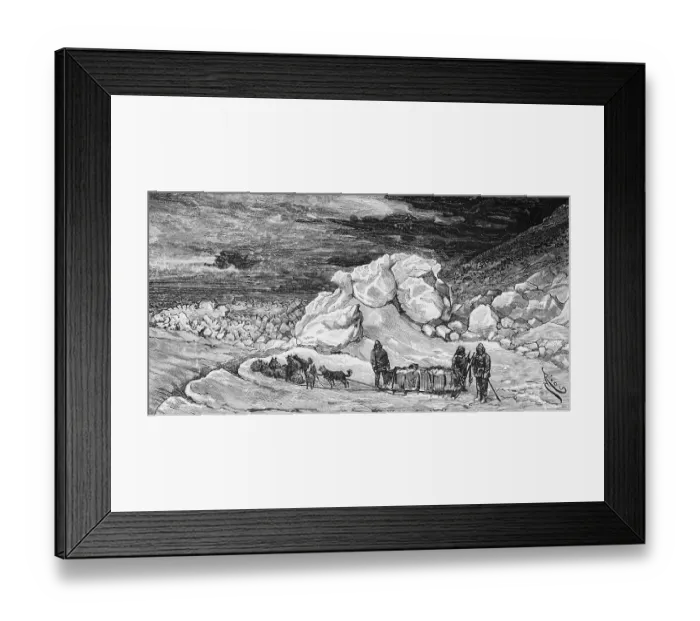 Framed Print : Travelling by sled on the Greenlandic ice, travel, sled dogs, icebergs, polar region, climate change, people, Greenland, historical illustration 18888, North America