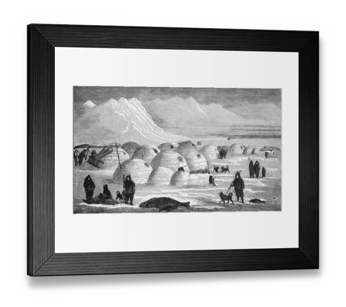 Framed Print : Living in igloos, an Inuit settlement on the Greenlandic Arctic Ocean, sled dogs, mountain landscape, hunted seals, polar region, climate change, travelling, Greenland, historical illustration 18888, North America
