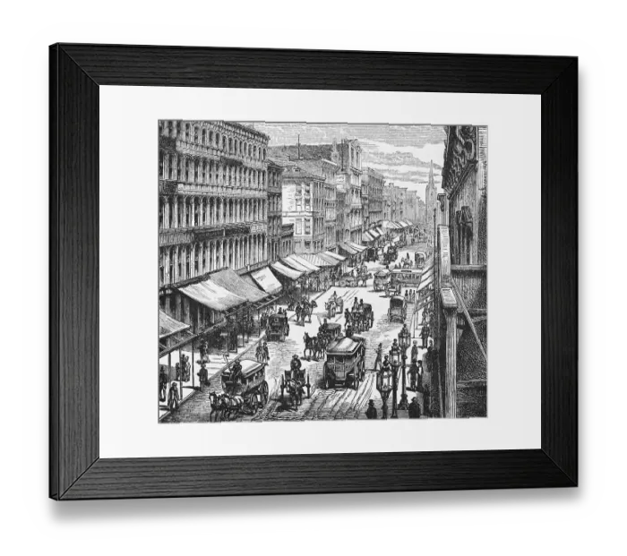 Framed Print : Horse-drawn carriages and carts on Broadway in New York, numerous shops with sun protection, business centre, trade, street traffic, pedestrians, lanterns, travel, USA, historical illustration 18888, North America