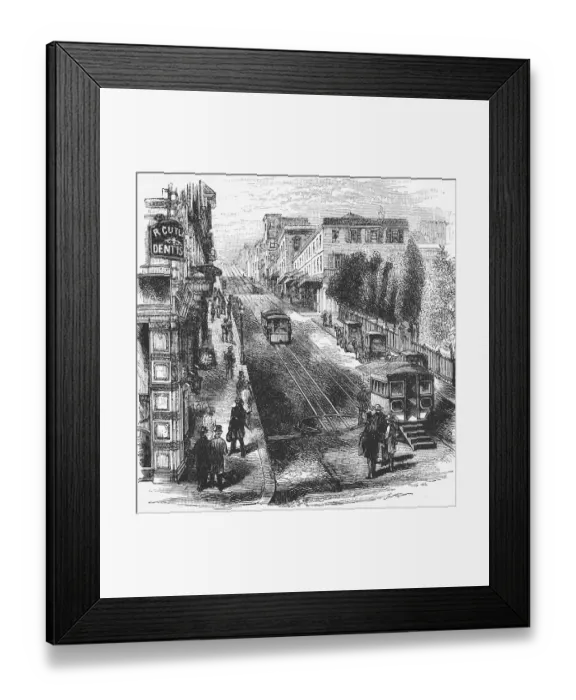 Framed Print : The San Francisco Cable Cars, the famous cable tram in San Francisco, steep street, horse-drawn carriages, buildings on both sides, pedestrians, travelling, USA, historical illustration 18888, North America Framed Print : The San Francisco Cable Cars, the famous cable tram in San Francisco, steep street, horse-drawn carriages, buildings on both sides, pedestrians, travelling, USA, historical illustration 18888, North America