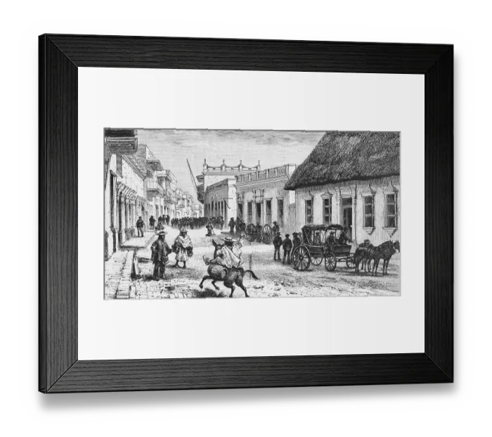 Framed Print : Street scene in Barranquila, a Spanish foundation, horse-drawn carriage, riders, pedestrians, colonial buildings, thatched roof house, many people, Caribbean, travelling, Colombia, historical illustration 18888, South America