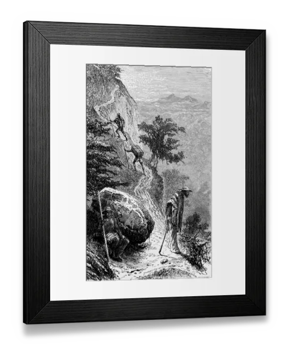 Framed Print : Hike on the narrow paths in the Andes, high mountains, mountain landscape, luggage, porter, deep valley, danger, walking stick, locals, geology, tectonics, travelling, Peru, historical illustration 18888, South America Framed Print : Hike on the narrow paths in the Andes, high mountains, mountain landscape, luggage, porter, deep valley, danger, walking stick, locals, geology, tectonics, travelling, Peru, historical illustration 18888, South America