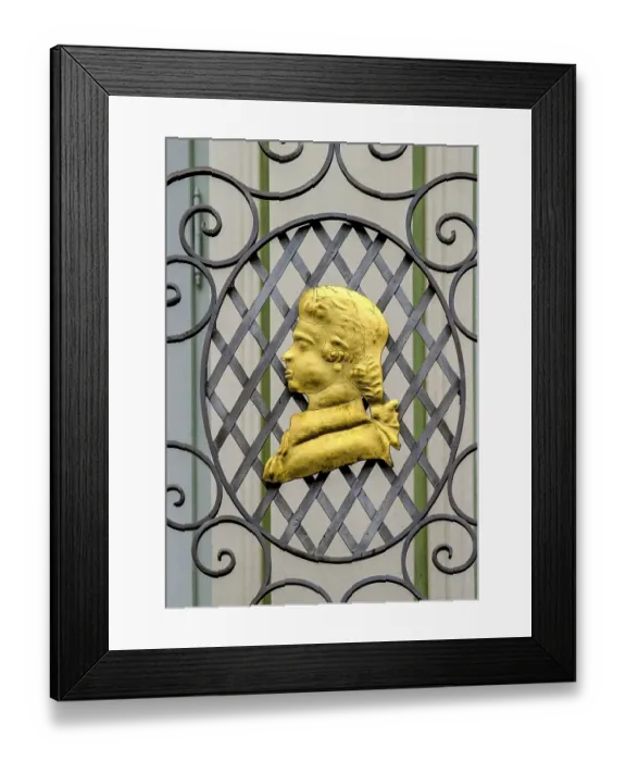 Framed Print : Portrait of Wolfgang Amadeus Mozart, 1756 - 1791, composer of classical music, First Viennese School, Karlsbad, Balcony railing, Karlovy Vary, Czech Republic, Europe