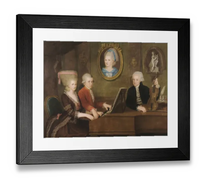 Framed Print : Wolfgang Amadeus Mozart with his sister Maria Anna Nannerl and father Leopold, on the wall a portrait of his dead mother Anna Maria, c. 1780, digitally edited after a painting by Croce
