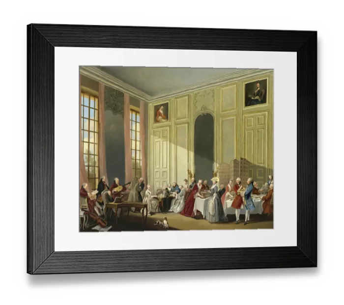 Framed Print : Wolfgang Amadeus Mozart at the age of 14 giving a concert in the Salon Des Quatre-Glaces Au Palais Dutemple at the Court of Prince De Conti, 1770, digitally edited after Ollivier