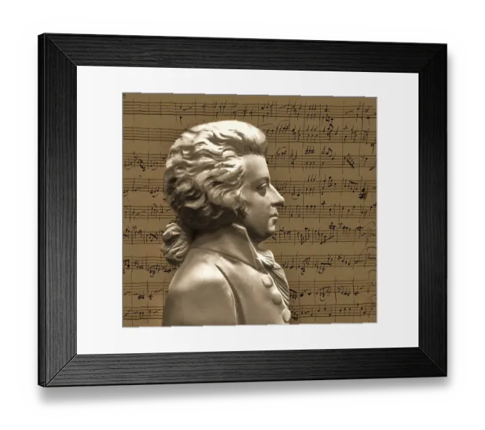 Framed Print : Wolfgang Amadeus Mozart, 1756 - 1791, composer of classical music, First Viennese School, notesheet from Minuet No. 2 for orchestra, KV 164, 1772, digitally edited after a figure by Posch